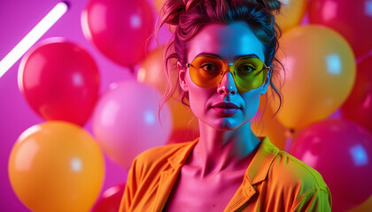 Vibrant celebration with colorful balloons and stylish accessories in a festive atmosphere
