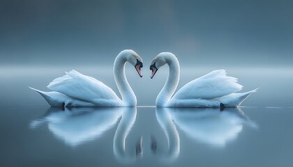 Two swans gracefully mirrored on a serene water surface.