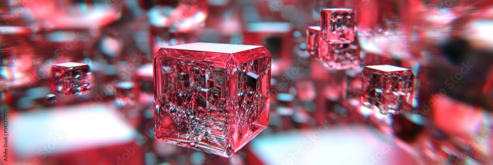 Aufkleber geometric abstraction of vibrant red and cyan shapes creating a surreal three-dimensional landscape