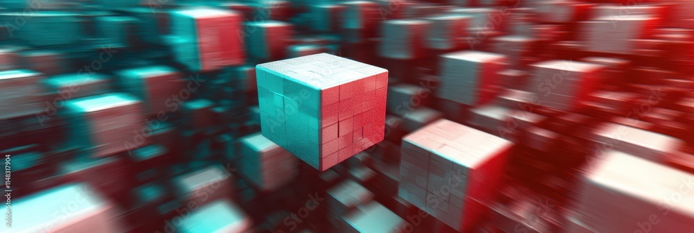 Aufkleber Exploring Vivid Red and Cyan Geometric Realms With Sharp Edged Cubes and Spheres in Motion