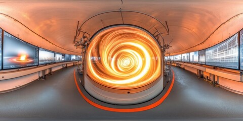 An experimental fusion energy reactor glowing with plasma arcs, as physicists monitor containment fields using precision instruments and real-time analytics displayed on curved monitors. 