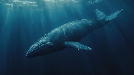 Fototapeta premium Humpback whale swimming in sunlit ocean.