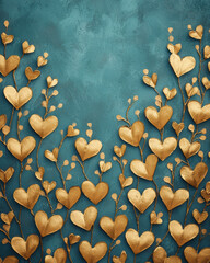 Tiny golden heart-shaped leaves in an enchanted setting, Elegant golden hearts intertwined with delicate branches create a romantic and charming background design.