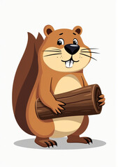 Playful Beaver Holding Stick on White Background, 2D Vector Animal Illustration
