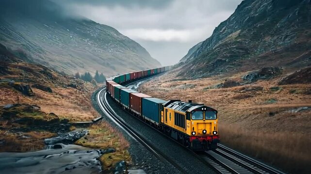 A train carrying colorful containers moves along curved tracks. The scenery includes hills and a moody atmosphere. Ideal for transport and travel themes. Generative AI