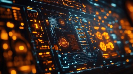 Obraz premium A close-up of an advanced digital interface displaying complex data and icons