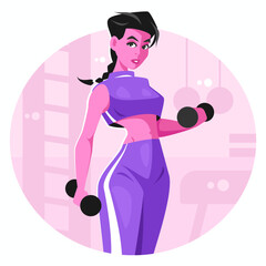 Female athlete exercising with dumbbells. Fitness instructor. Cartoon vector