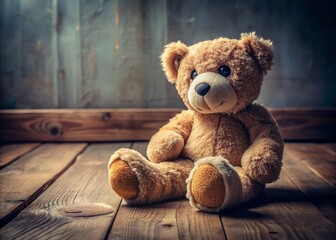 Obraz premium Sad Teddy Bear, Wooden Floor, Bandage, Child's Toy, Injured Plush, Vintage Toy Photography, Conceptual Photo
