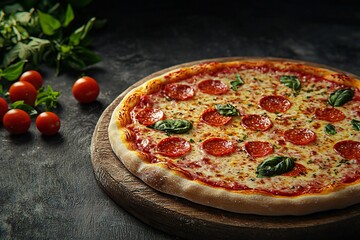 National Pizza Day Delicious Pepperoni Pizza on Wooden Board Basil Tomatoes