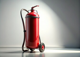Obraz premium A surreal 3D render showcases wheeled dry powder fire suppression equipment against a stark white backdrop.