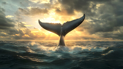 Whale tail emerging from ocean at sunset, symbolizing marine beauty, wildlife conservation, oceanic wonders, climate awareness, and the need for environmental protection