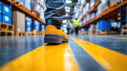  A close-up of the safety shoes on an employee's feet, walking along yellow lines in front of and behind warehouse shelves with blue boxes.