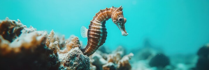 Seahorse on a coral reef in clear blue water.