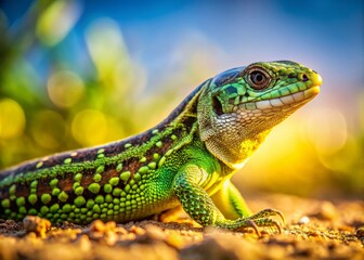 Naklejka premium Sand Lizard, Short Tail, Bokeh, Reptile, Lacerta Agilis, Autotomy, Wildlife Photography, Nature, Closeup, Macro