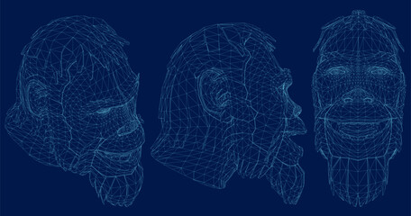 Neanderthal Man wireframe set, Front, side, isometric view. Vector illustration