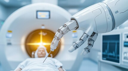 Cancer Therapy Concept, Robotic Arm Delivering Precise Proton Therapy Treatment to Patient in Advanced Medical Facility