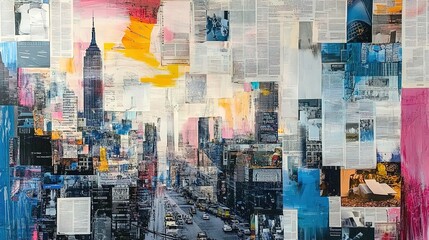 A mixed media collage of the cityscape, featuring newspaper clippings and photographs