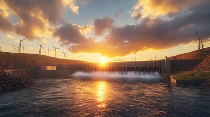 Obraz premium Hydroelectric dam and wind turbines at sunset.