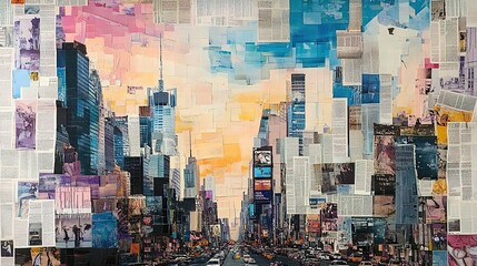 A mixed media collage of the cityscape, featuring newspaper clippings and photographs