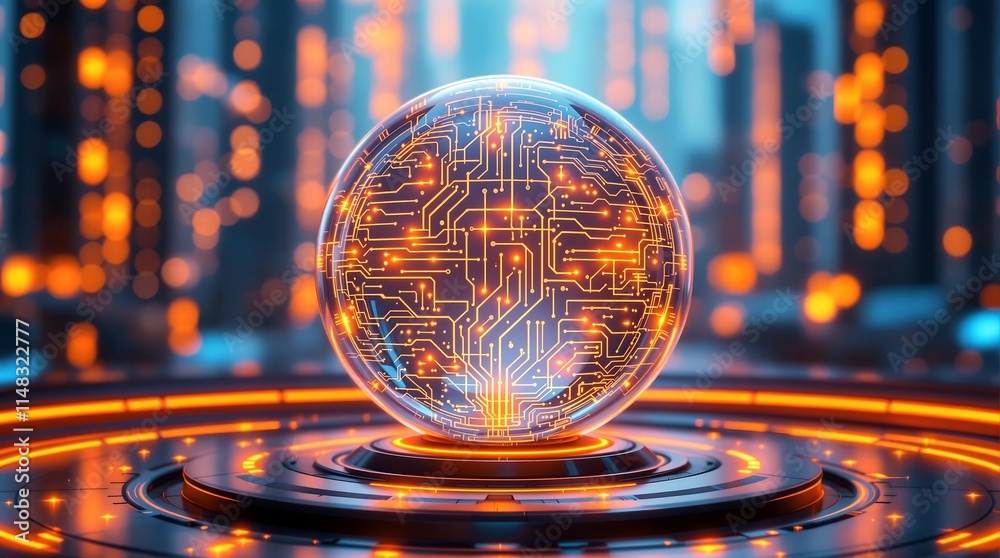 Poster futuristic spherical device with intricate glowing patterns on a dark high tech background