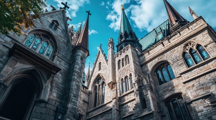 Fototapeta premium Low-angle view of a majestic stone cathedral with intricate details, stained glass windows, and pointed spires against a vibrant blue sky.