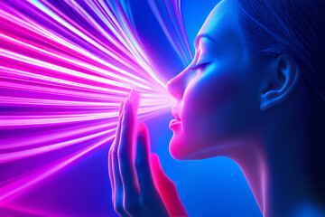 Obraz premium Light beams interact with a woman's face in vibrant colors