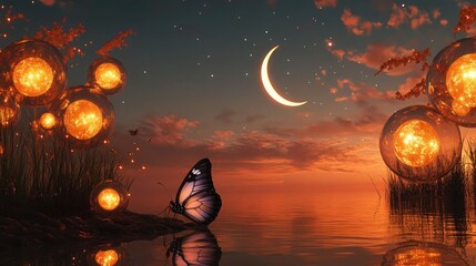 A mystical scene with a luminous butterfly resting by the water edge, a crescent moon in the sky, and glowing golden orbs in soft orange and deep indigo twilight.