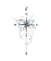 wind rose. A map of the world against the backdrop of the wind rose. Compass. The concept of traveling. Vector illustration. Banner with world map