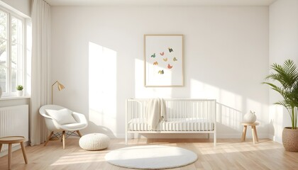 serene minimalist baby room with pastel-colored walls, light wood flooring, modern crib and frame mockup, cozy atmosphere with soft lighting