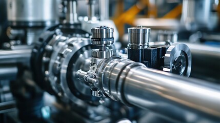 Obraz premium Close-up of complex industrial machinery with pipes and valves.