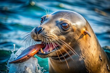 Obraz premium Sea Lion Feeding: Wildlife Photography, Ocean Animal, Marine Mammal, Coastal Scene, California Sea Lion, Zoo Animal, Aquarium Animal, Feeding Time, Wild Animal