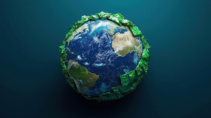 Fototapeta premium Earth Globe Surrounded by Green Leaves, Evoking Environmental Awareness. A detailed 3D model of the Earth is depicted, encircled by stylized, vibrant green leaves or foliage.