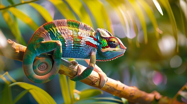 A brightly colored chameleon perched on a tropical branch, its scales gleaming in vivid shades under natural sunlight, captured with a