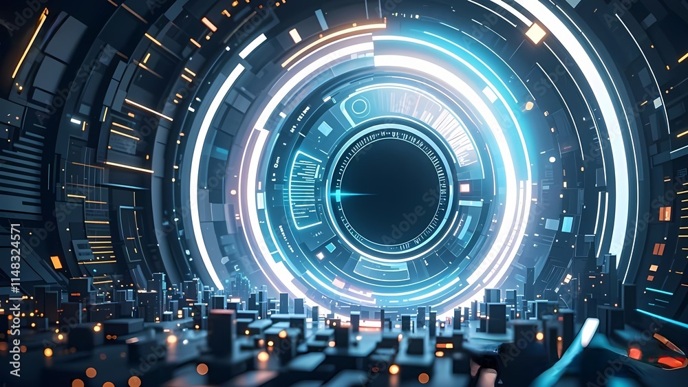 Poster futuristic technology background with code and digital design elements in blue, featuring a globe, d