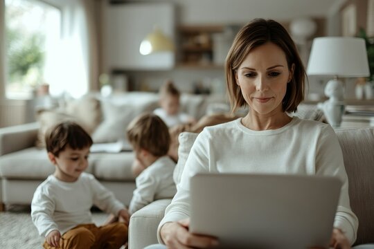Family and working mom thrive in togetherness. Woman using tablet with children playing in cozy living room