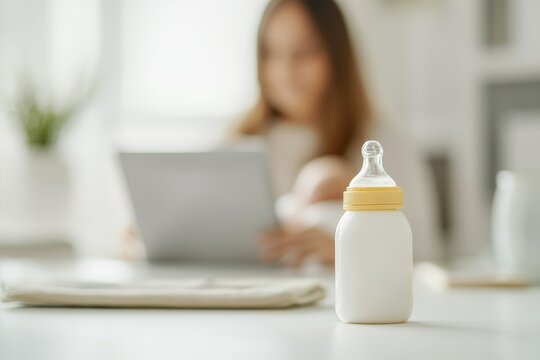 Busy working mom with multitasking concept. Baby bottle in focus with blurred background of a woman.