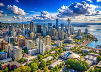 Obraz premium Seattle Skyline Aerial View June - High Resolution Panoramic Cityscape Photo