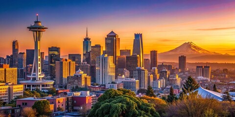 Seattle Skyline Panorama, Mt Rainier, Washington State - Minimalist Cityscape Photography