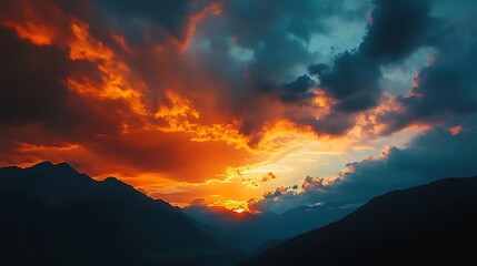 Fototapeta premium Fiery Sunset Over Silhouetted Mountain Range