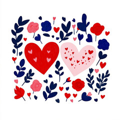 A couple of hearts surrounded by red and blue flowers