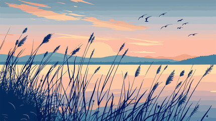 Obraz premium Tranquil Lake Landscape with Beautiful Reeds - Nature Photography