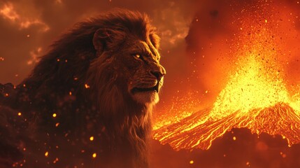 Naklejka premium Majestic lion overlooking a fiery volcanic eruption.