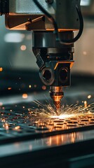 Close-up of laser cutting machine in operation, sparks flying from metal sheet.
