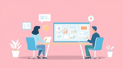 Teamwork Makes the Dream Work: A vibrant illustration of two colleagues collaborating on a project in a modern workspace. The illustration features a pink background.
