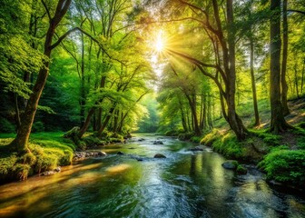 Obraz premium Serene Forest River: Lush Green Landscape, Tranquil Nature Photography, Calm River Scene