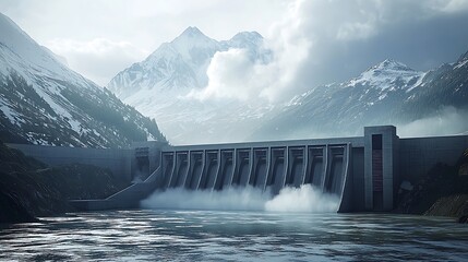 Fototapeta premium Majestic dam releasing water against snowy mountain backdrop.