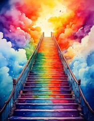 Watercolor staircase ascending into the clouds, with vibrant rainbow hues with copy space