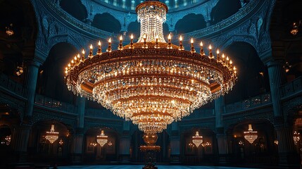 Obraz premium A grand chandelier illuminates an ornate hall with elegant architecture and soft lighting.