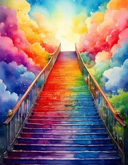 Watercolor staircase ascending into the clouds, with vibrant rainbow hues with copy space