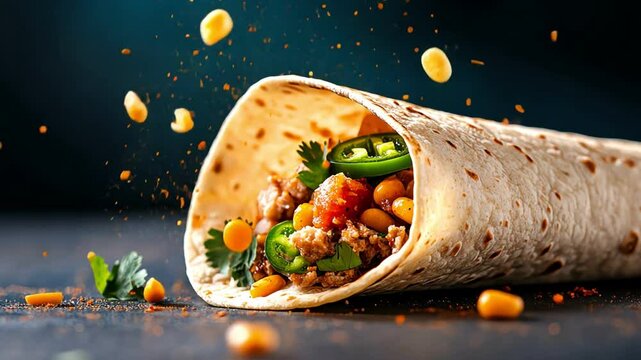 Delicious tortilla wrap filled with meat, vegetables, and spices on a dark background.